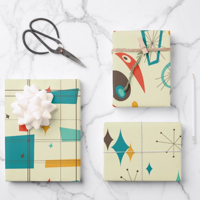 Retro Mid Century Mod Atomic Space Age Teal Red Wrapping Paper Sheets (Front)