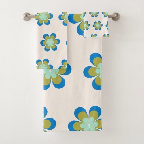 Retro Mid Century Mod Flower Pattern  Blue Green Bath Towel Set