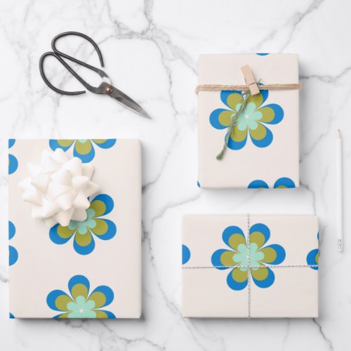 Retro Mid Century Mod Flower Pattern  Blue Green Wrapping Paper Sheets
