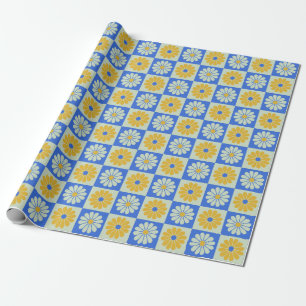Retro Mid Century Mod Flowers in Blue and Yellow Wrapping Paper