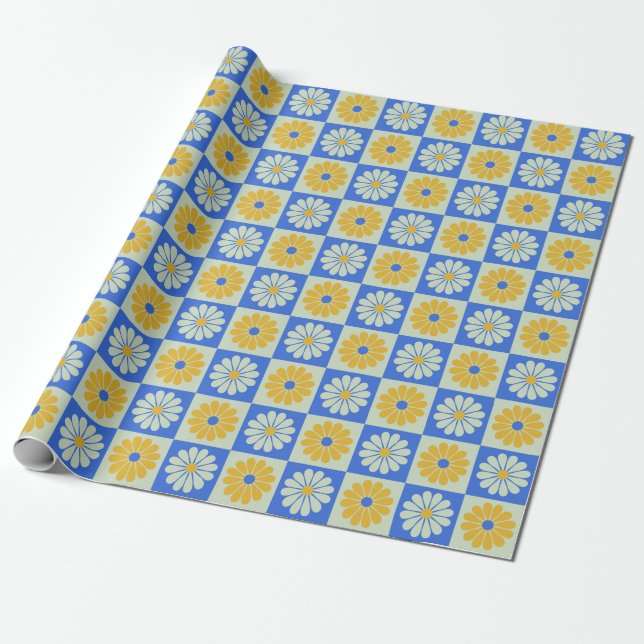 Retro Mid Century Mod Flowers in Blue and Yellow Wrapping Paper (Unrolled)