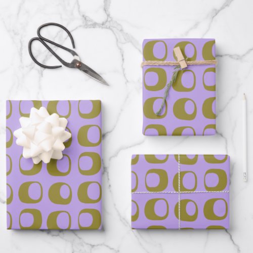 Retro Mid Century Mod Pattern Olive and Lavender Wrapping Paper Sheets
