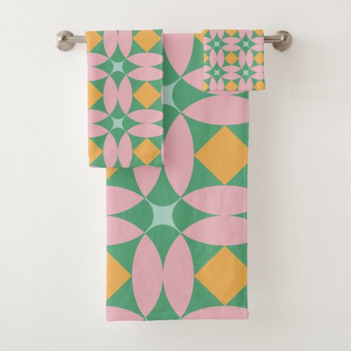 Retro Mid Century Mod Shapes Pattern  Pink Green Bath Towel Set