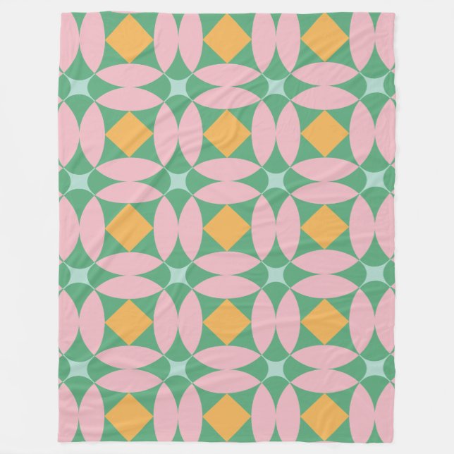 Retro Mid Century Mod Shapes Pattern | Pink Green Fleece Blanket (Front)
