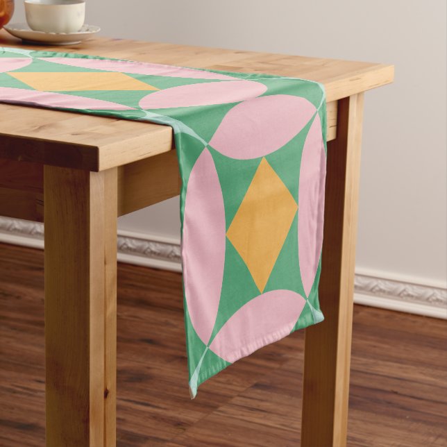Retro Mid Century Mod Shapes Pattern | Pink Green Short Table Runner (In Situ)