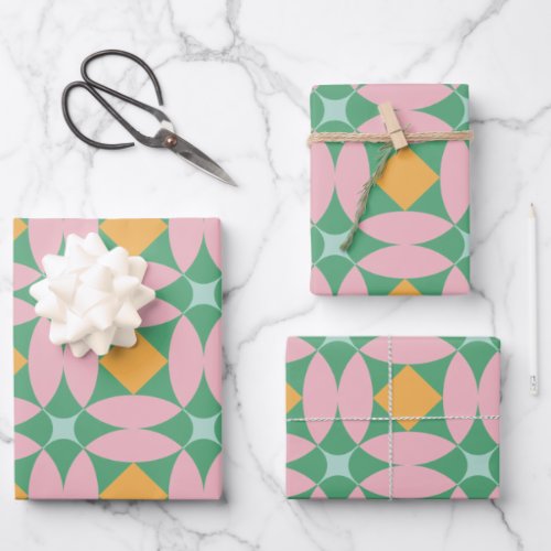 Retro Mid Century Mod Shapes Pattern  Pink Green  Wrapping Paper Sheets