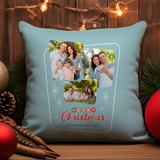 Retro Mid-century Modern 3 Photo Christmas Throw Pillow (Creator Uploaded)