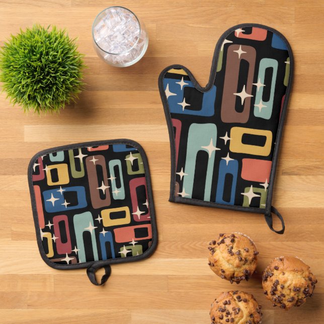 Retro Mid Century Modern Abstract Oven Mitt & Pot Holder Set (Top Down)