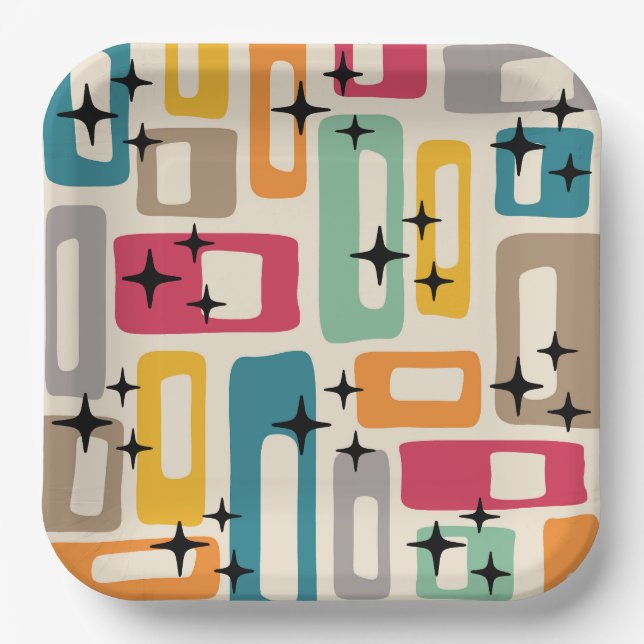 Retro Mid Century Modern Abstract Pattern Paper Plates (Front)