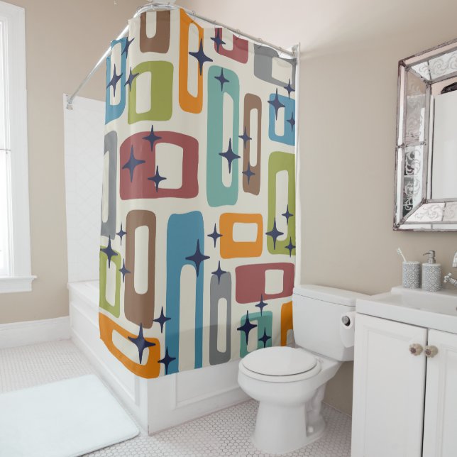 Retro Mid Century Modern Abstract Pattern Shower Curtain (In Situ)