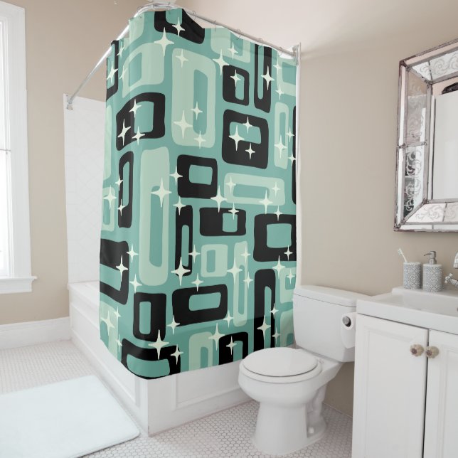 Retro Mid Century Modern Abstract Pattern Shower Curtain (In Situ)
