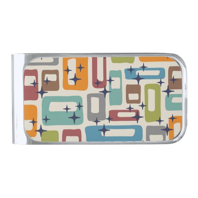 Retro Mid Century Modern Abstract Pattern Silver Finish Money Clip (Front)