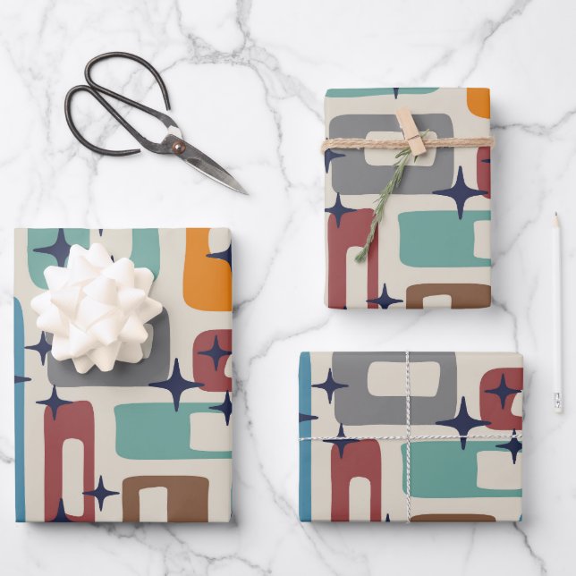 Retro Mid Century Modern Abstract Pattern Wrapping Paper Sheets (Front)