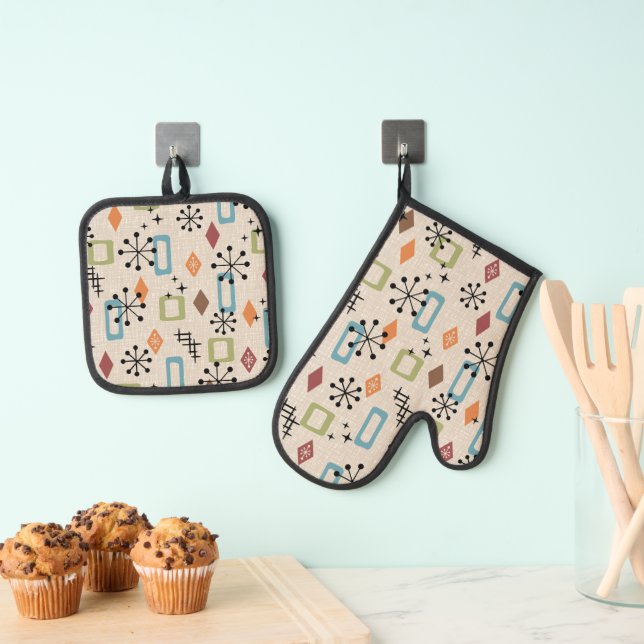 Retro Mid Century Modern Atomic Abstract Pattern Oven Mitt & Pot Holder Set (Insitu(Hanging))