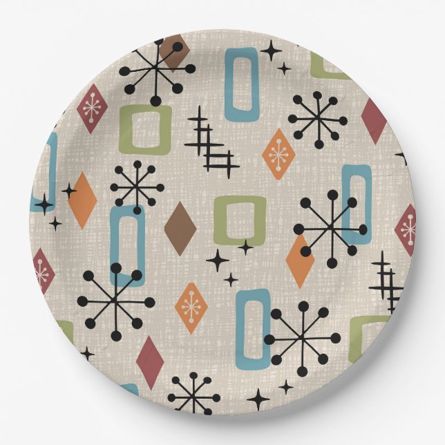Retro Mid Century Modern Atomic Abstract Pattern Paper Plates (Front)