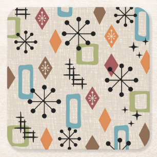 Retro Mid Century Modern Atomic Abstract Pattern Square Paper Coaster