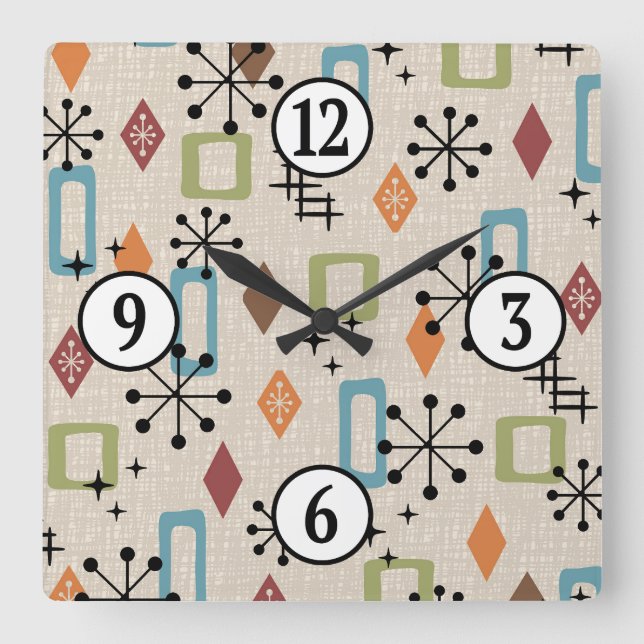 Retro Mid Century Modern Atomic Abstract Pattern Square Wall Clock (Front)