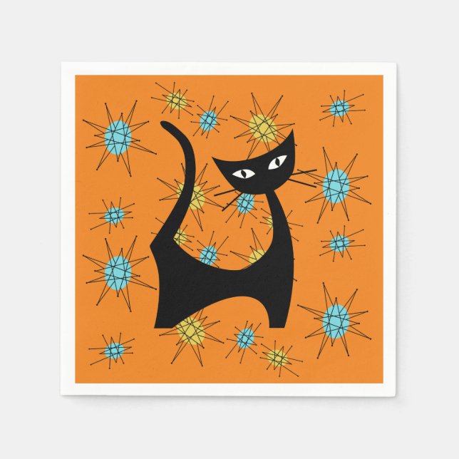 Retro Mid-Century Modern Atomic Cat Napkins (Front)