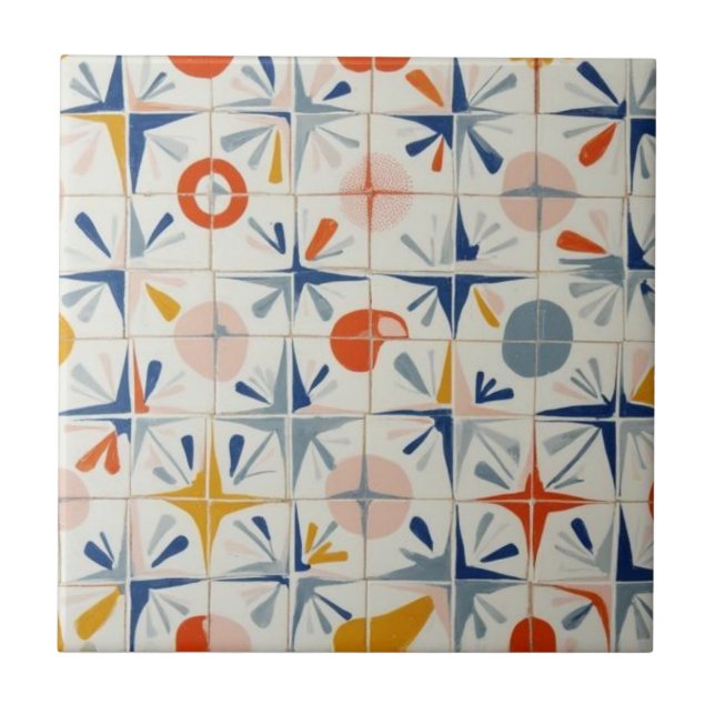 Retro Mid Century Modern Atomic Geometric Pattern Ceramic Tile (Front)