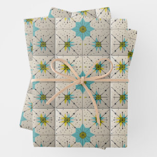 Retro Mid Century Modern Atomic Geometric Pattern Wrapping Paper Sheets