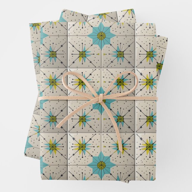 Retro Mid Century Modern Atomic Geometric Pattern Wrapping Paper Sheets (In situ)