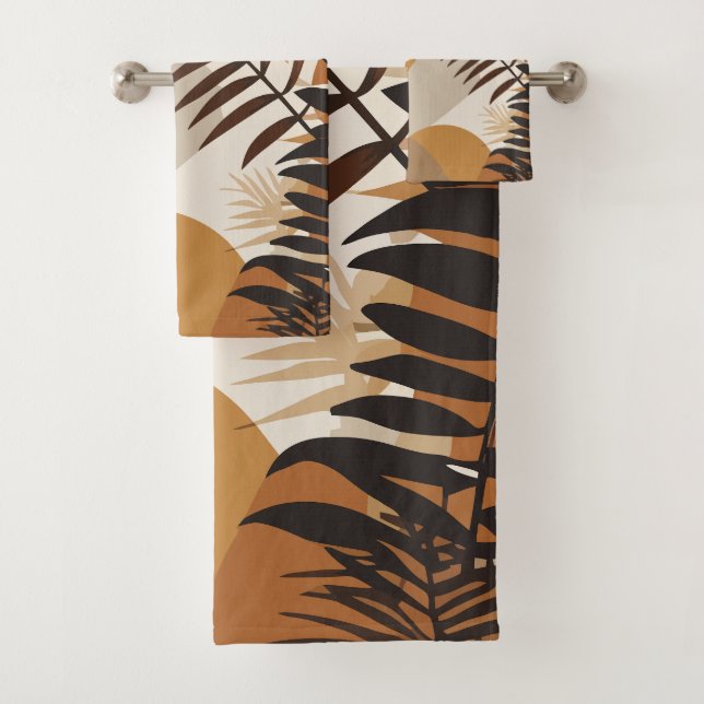 Retro mid century modern autumn floral palm leaf bath towel set (Insitu)