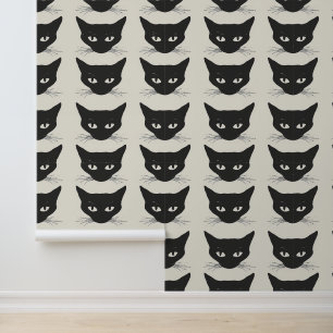 Retro Mid Century Modern Black Cat Face Removable Wallpaper