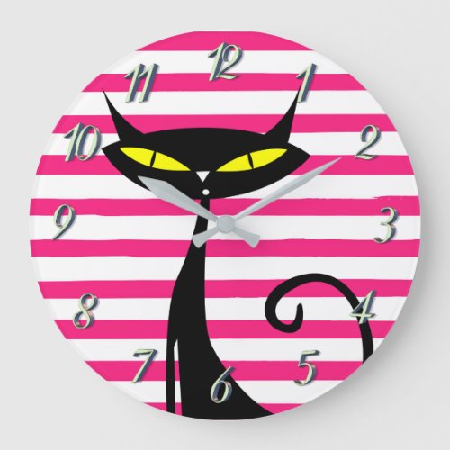 Retro Mid Century Modern Black Cat Pink Stripes Large Clock