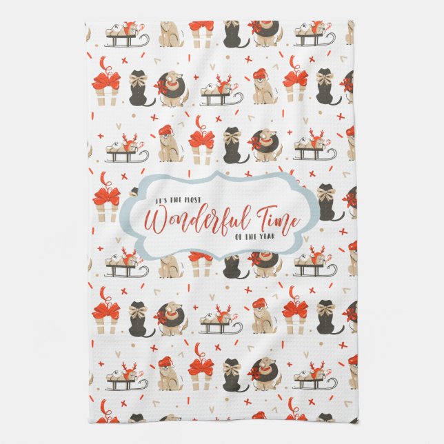 Retro Mid-Century Modern Christmas Holiday Kitchen Towel (Vertical)
