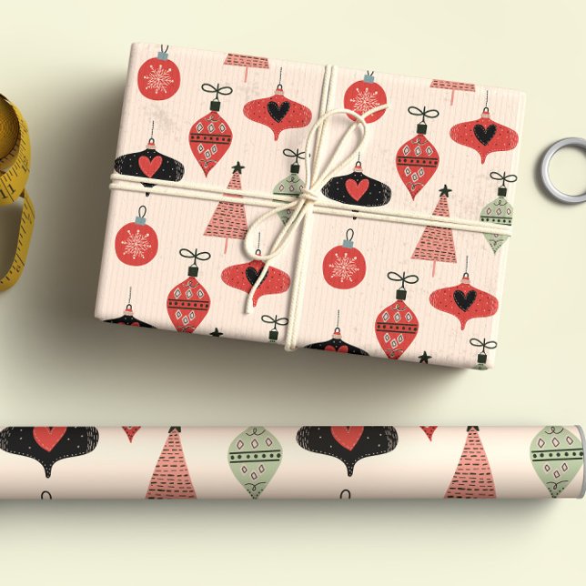 Retro Mid Century Modern Christmas Red Black Cream Wrapping Paper Sheets (Creator Uploaded)