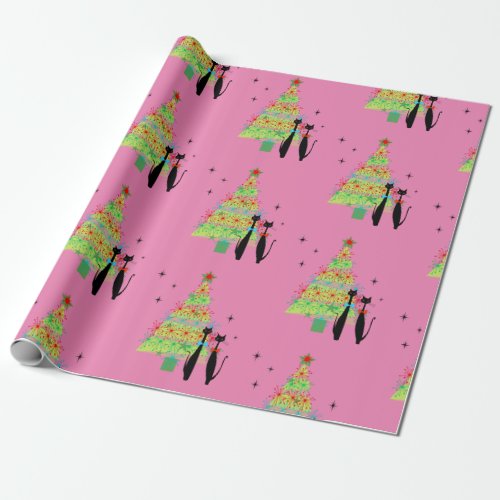Retro Mid Century Modern Cool Cat Christmas Tree Wrapping Paper