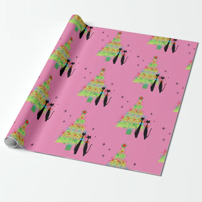 Retro Mid Century Modern Cool Cat Christmas Tree Wrapping Paper | Zazzle