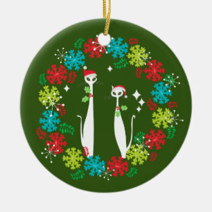 Retro Mid Century Modern Cool Cat Christmas Wreath Ceramic Ornament
