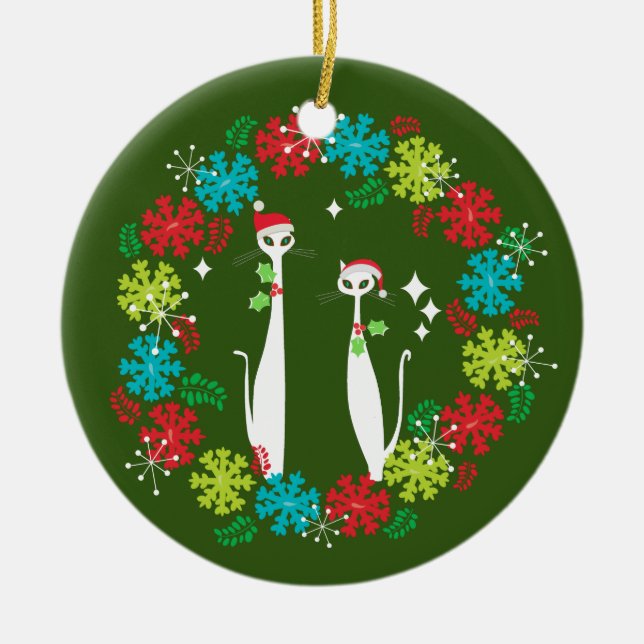 Retro Mid Century Modern Cool Cat Christmas Wreath Ceramic Ornament (Front)
