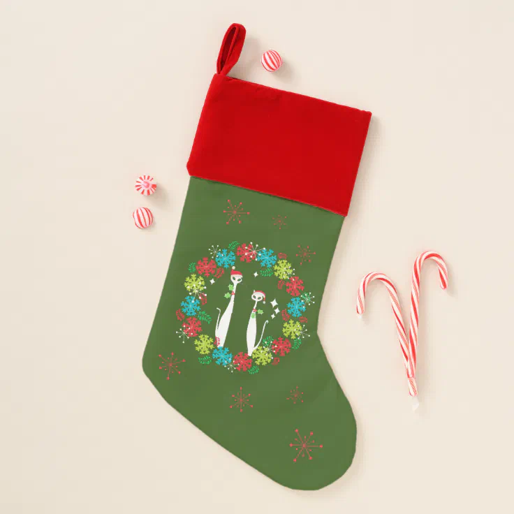 Retro Mid Century Modern Cool Cat Christmas Wreath Christmas Stocking