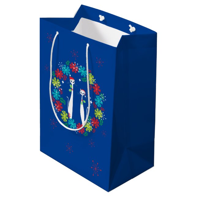 Retro Mid Century Modern Cool Cat Christmas Wreath Medium Gift Bag (Back Angled)