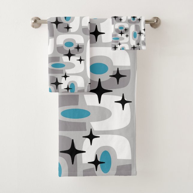 Retro Mid Century Modern Cosmic Abstract Pattern Bath Towel Set (Insitu)