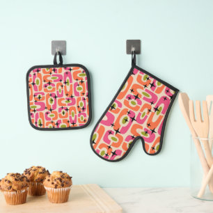 Retro Mid Century Modern Cosmic Abstract Pattern Oven Mitt & Pot Holder Set