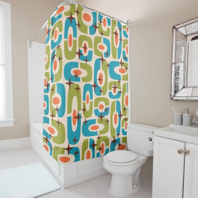 Retro Mid Century Modern Cosmic Abstract Pattern Shower Curtain (In Situ)
