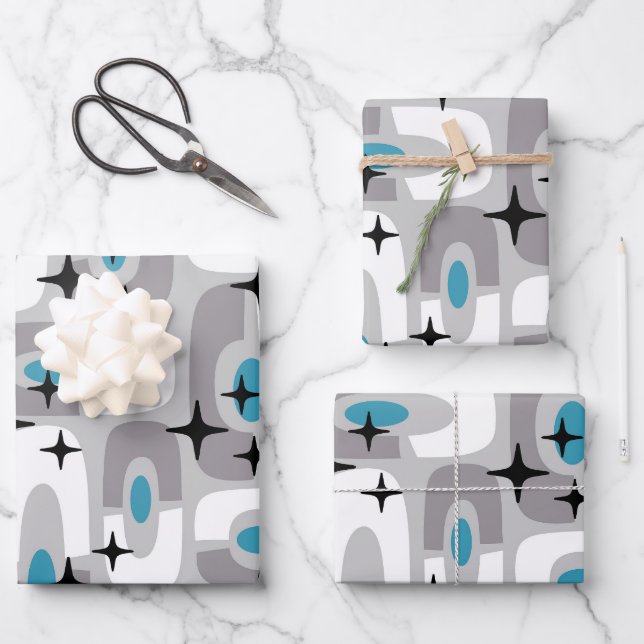 Retro Mid Century Modern Cosmic Abstract Pattern Wrapping Paper Sheets (Front)