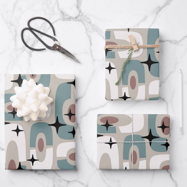 Retro Mid Century Modern Cosmic Abstract Pattern Wrapping Paper Sheets (Front)