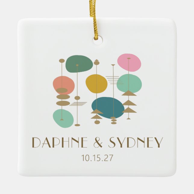 Retro Mid Century Modern Custom Wedding Photo Ceramic Ornament (Front)