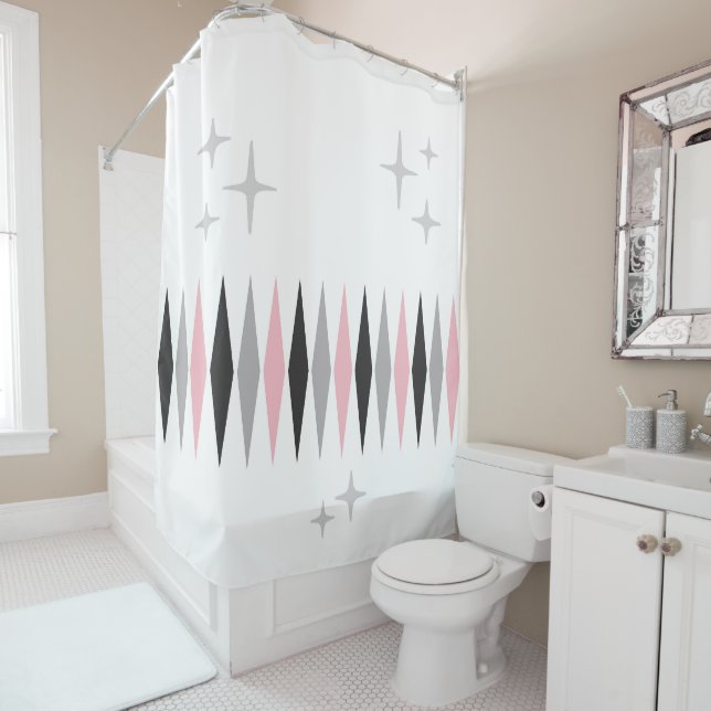 Retro Mid Century Modern Diamond Pattern Shower Curtain (In Situ)