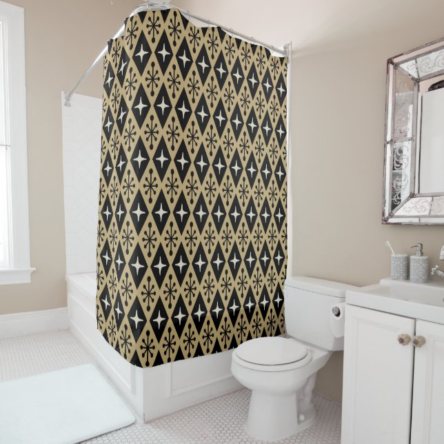 Retro Mid Century Modern Diamond Starburst Pattern Shower Curtain (In Situ)
