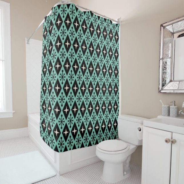 Retro Mid Century Modern Diamond Starburst Pattern Shower Curtain (In Situ)