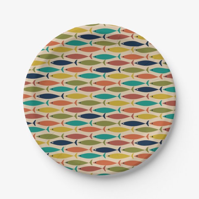 Retro Mid Century Modern Fish Pattern Paper Plates (Front)