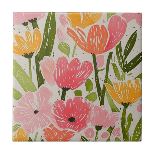 Retro Mid Century Modern Floral Design Ceramic Tile (Front)