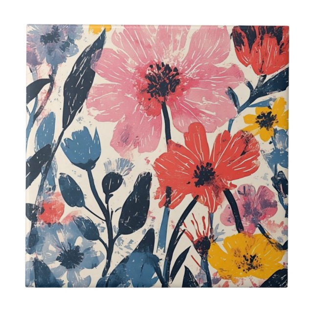 Retro Mid Century Modern Floral Design Ceramic Tile (Front)