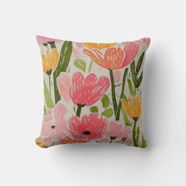 Retro Mid Century Modern Floral Design Throw Pillow (Front)