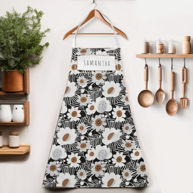 Retro Mid-Century Modern Floral Name Apron (Crafted with high-quality polyester fabric & available in three sizes for the whole family to enjoy.)